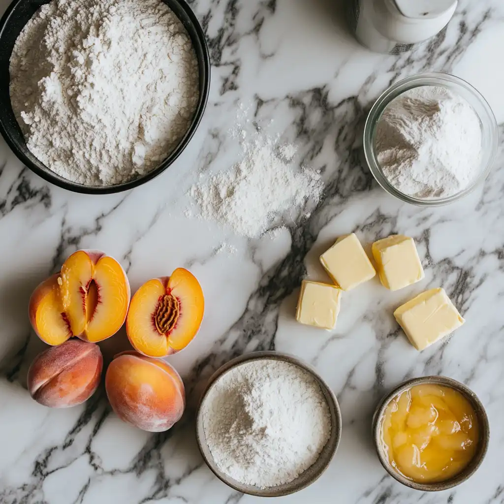 Peach cobbler ingredients on kitchen counter