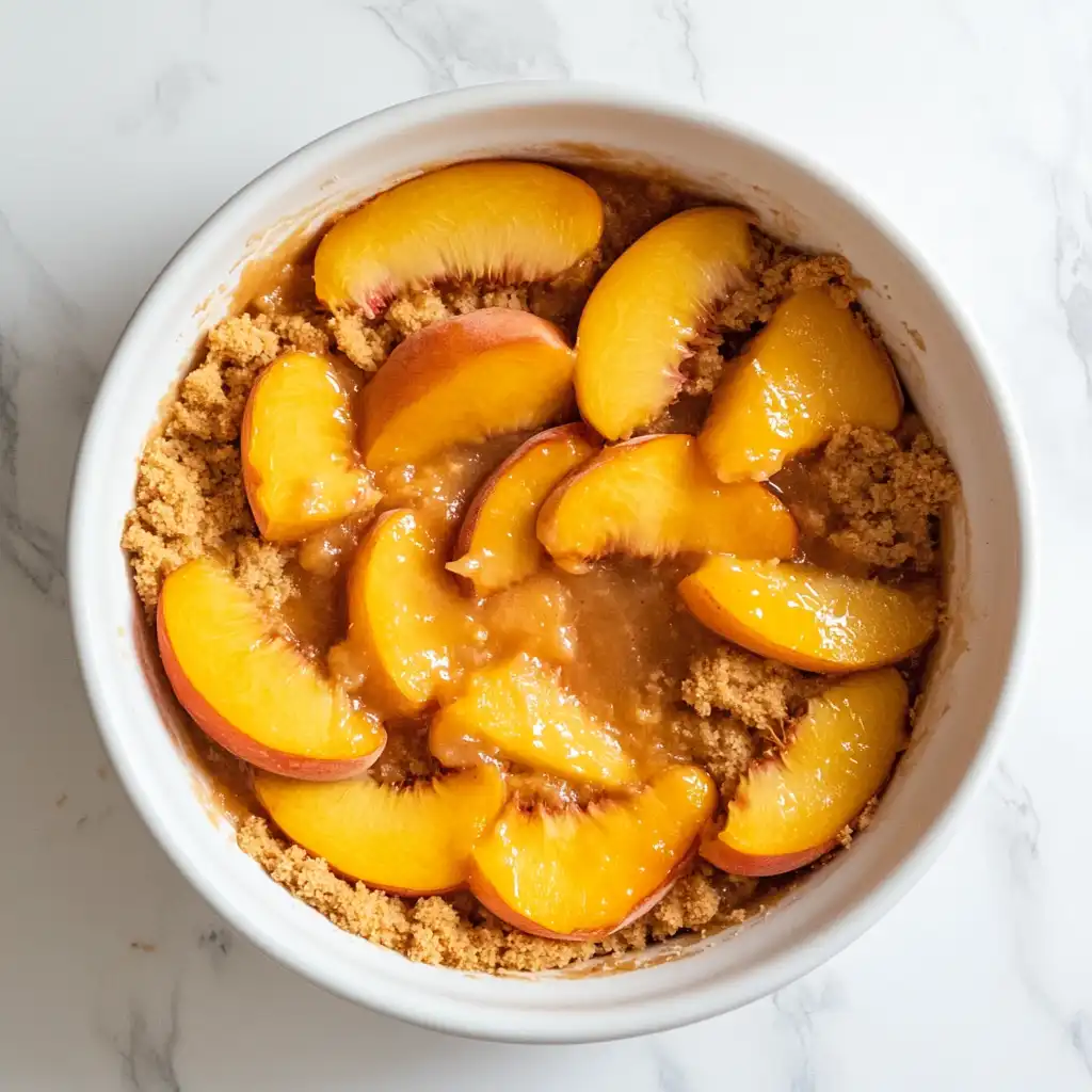 Assembling quick peach cobbler with cake mix