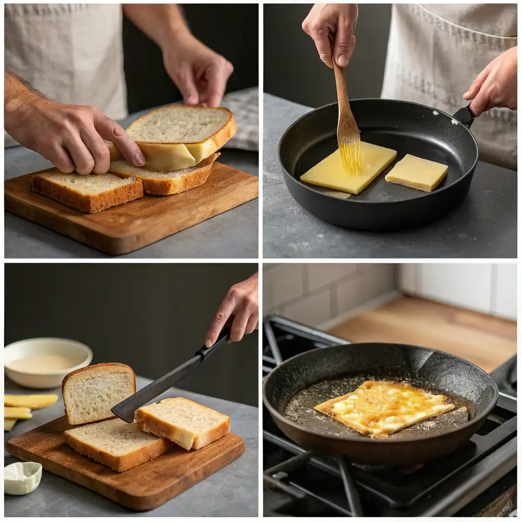 step images bread buttering cheese layering browning(Grilled Cheese sandwich)