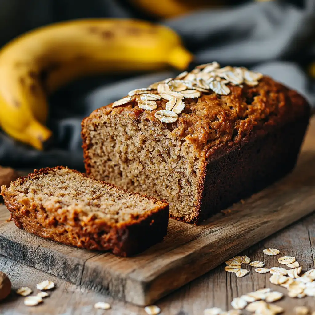 Flourless banana bread sliced on a wooden board
