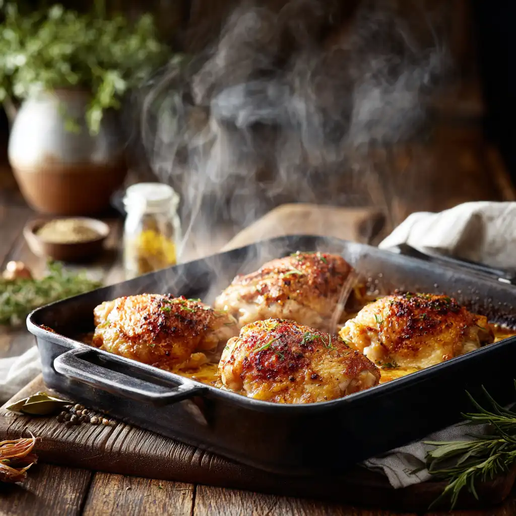 Boneless skinless chicken thighs in oven freshly baked