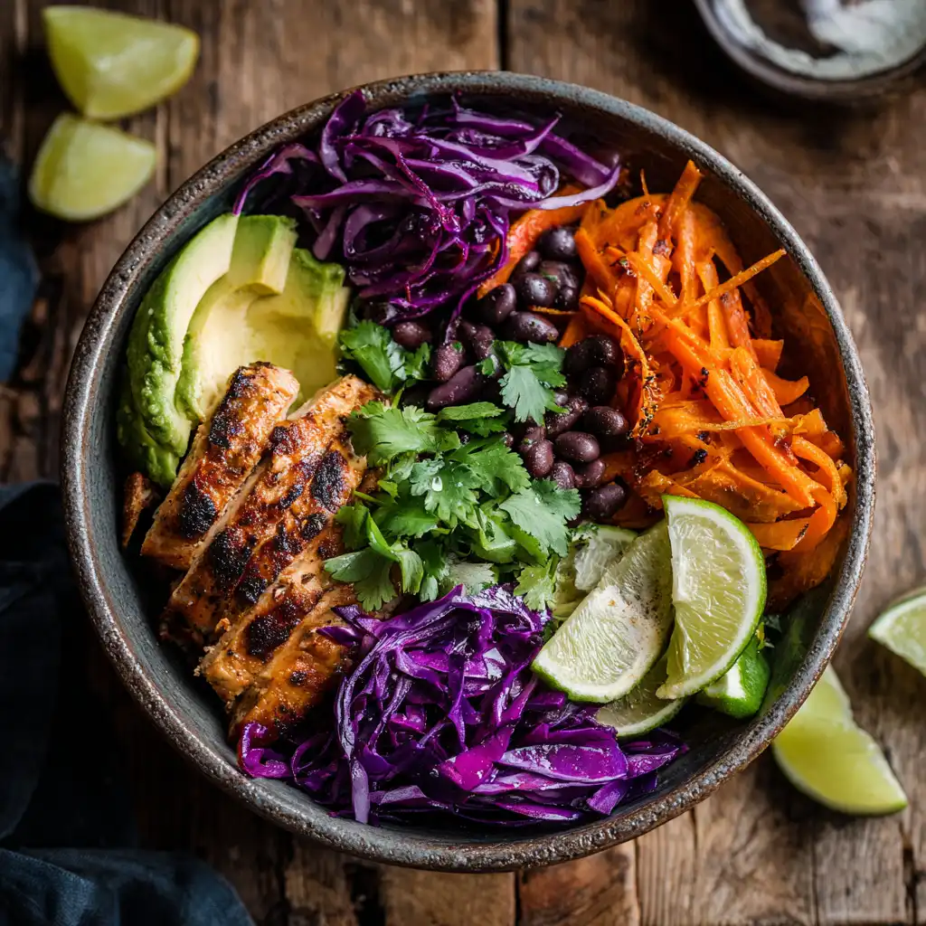 Sweet potato taco bowl with toppings