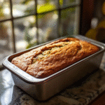 Freshly baked cottage cheese banana bread in pan