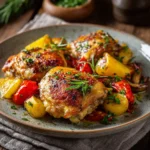 Served boneless chicken thighs with vegetables