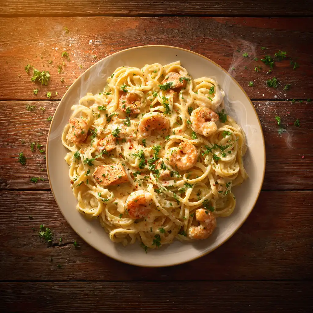 chicken and shrimp alfredo sauce pasta served on a rustic plate