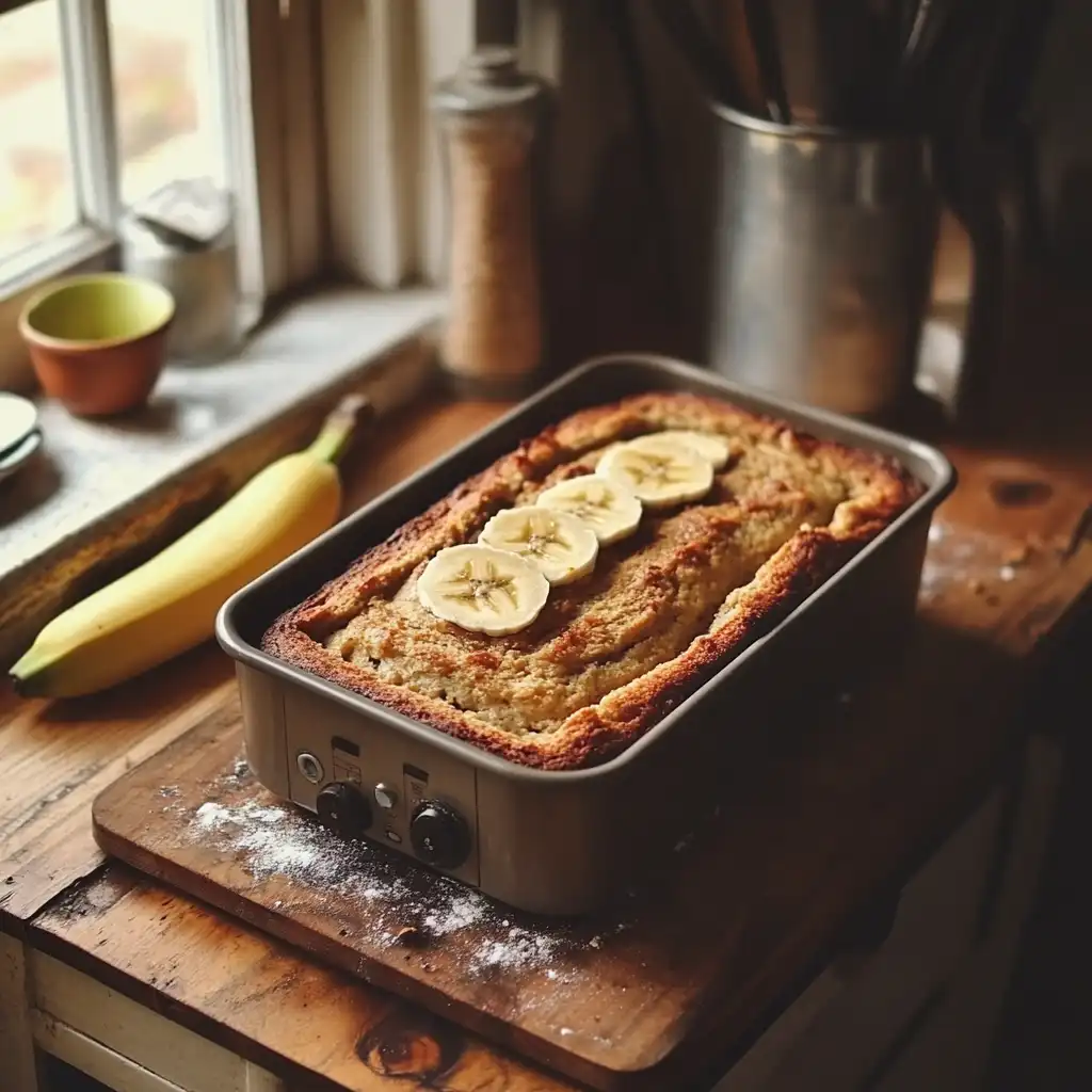 Banana loaf recipe card and final baked loaf