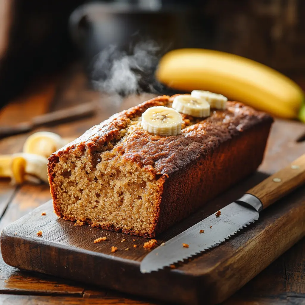 Freshly baked 3 ingredient banana bread on wooden table