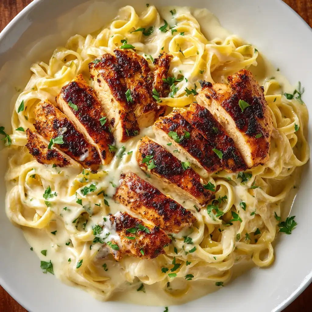 blackened chicken alfredo creamy pasta overhead