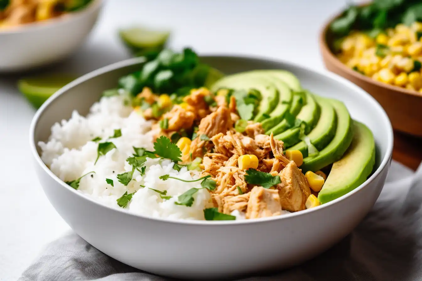 Final plated street corn chicken rice bowl