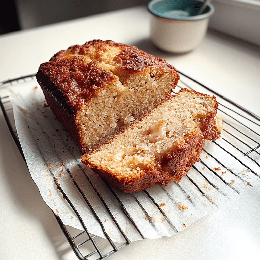 Cottage cheese banana bread loaf sliced on a board