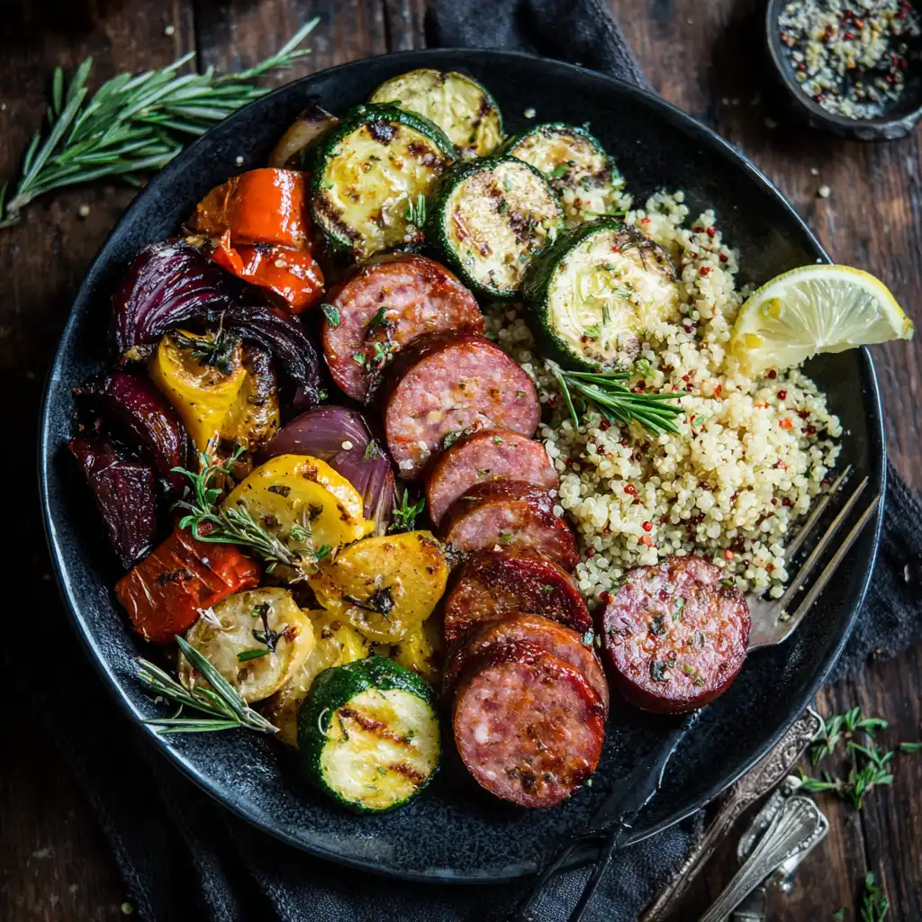 High protein kielbasa meal with vegetables and grains