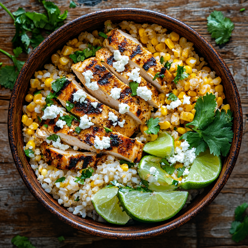 Street corn chicken rice bowl top view