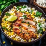 Street corn chicken rice bowl top view