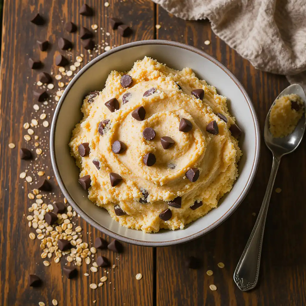 cottage cheese cookie dough without protein powder in a bowl on rustic table