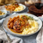 Served baked chicken thighs with sides