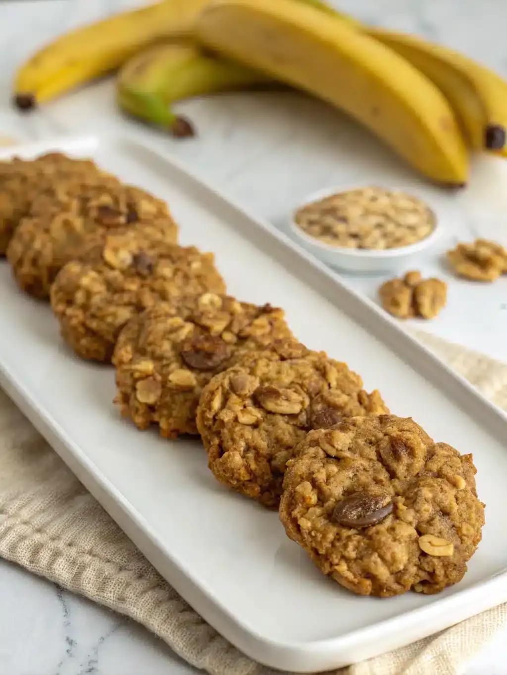banana oatmeal protein breakfast cookies freshly baked on a plate