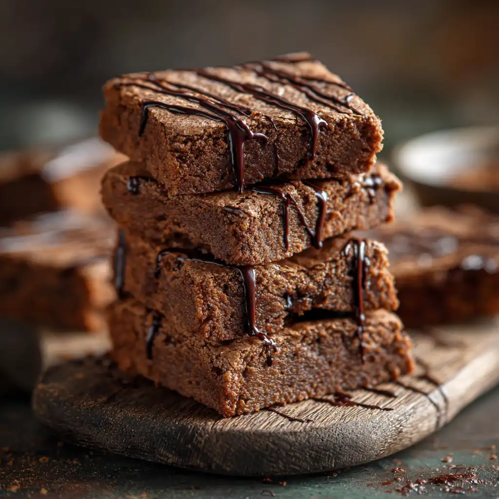Protein brownie recipe stacked on rustic board