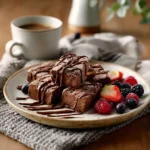 Sliced protein brownies on plate with drizzle