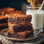 Stack of high-protein cottage cheese brownies served on a dessert plate with a glass of milk in the background