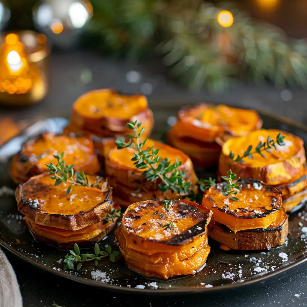 Finished sweet potato stacks garnished with fresh thyme on a serving plate.
