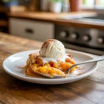 serving peach cobbler with vanilla ice cream
