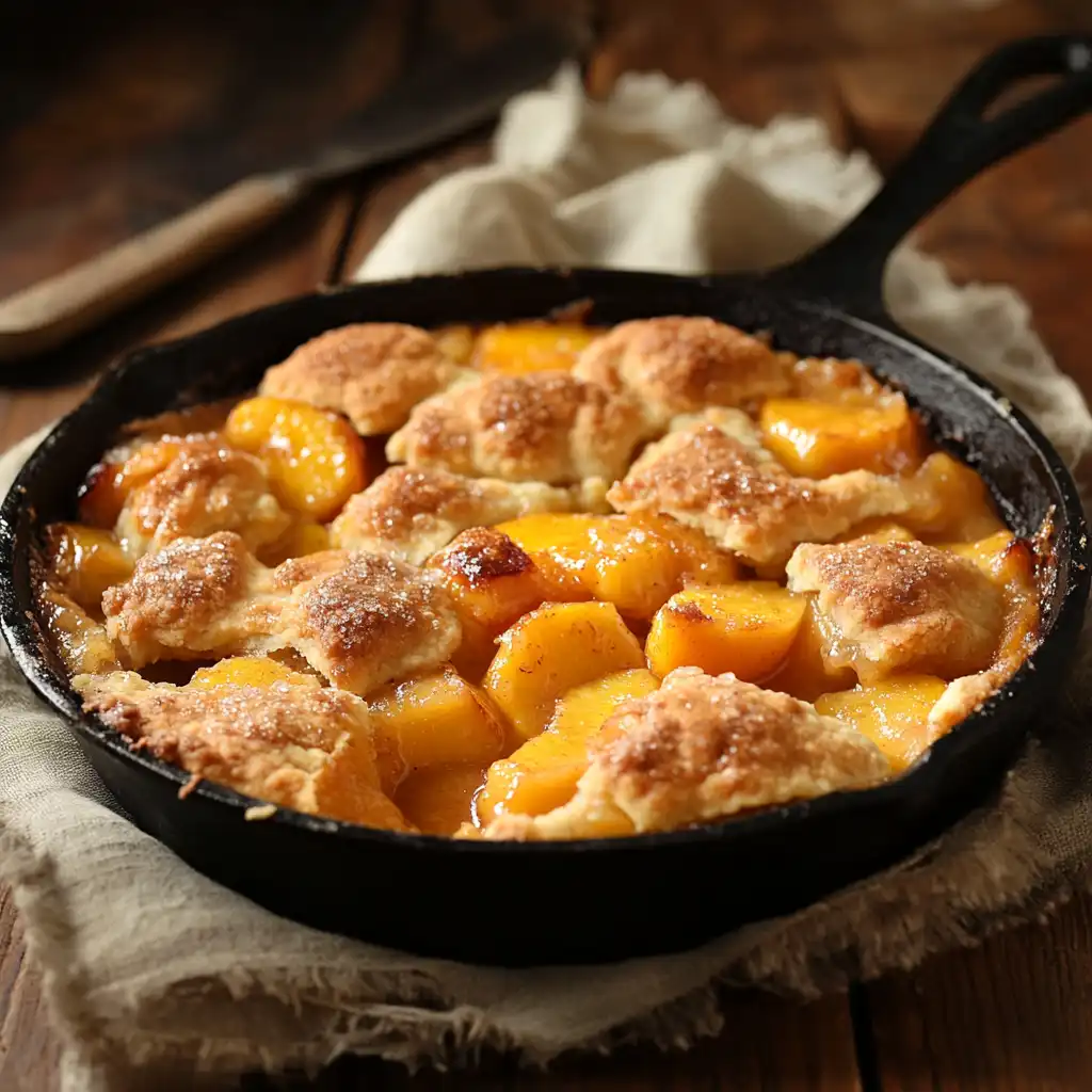 Easy peach cobbler recipe in rustic skillet