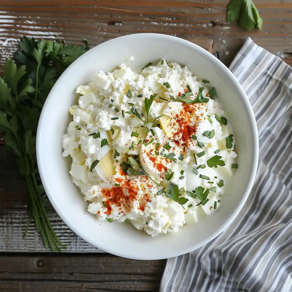 Cottage cheese egg salad in a white bowl
