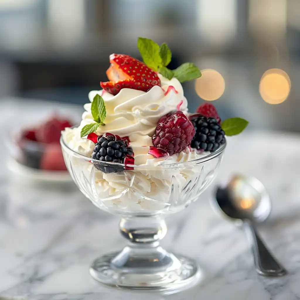 jello protein fluff in glass dessert bowl