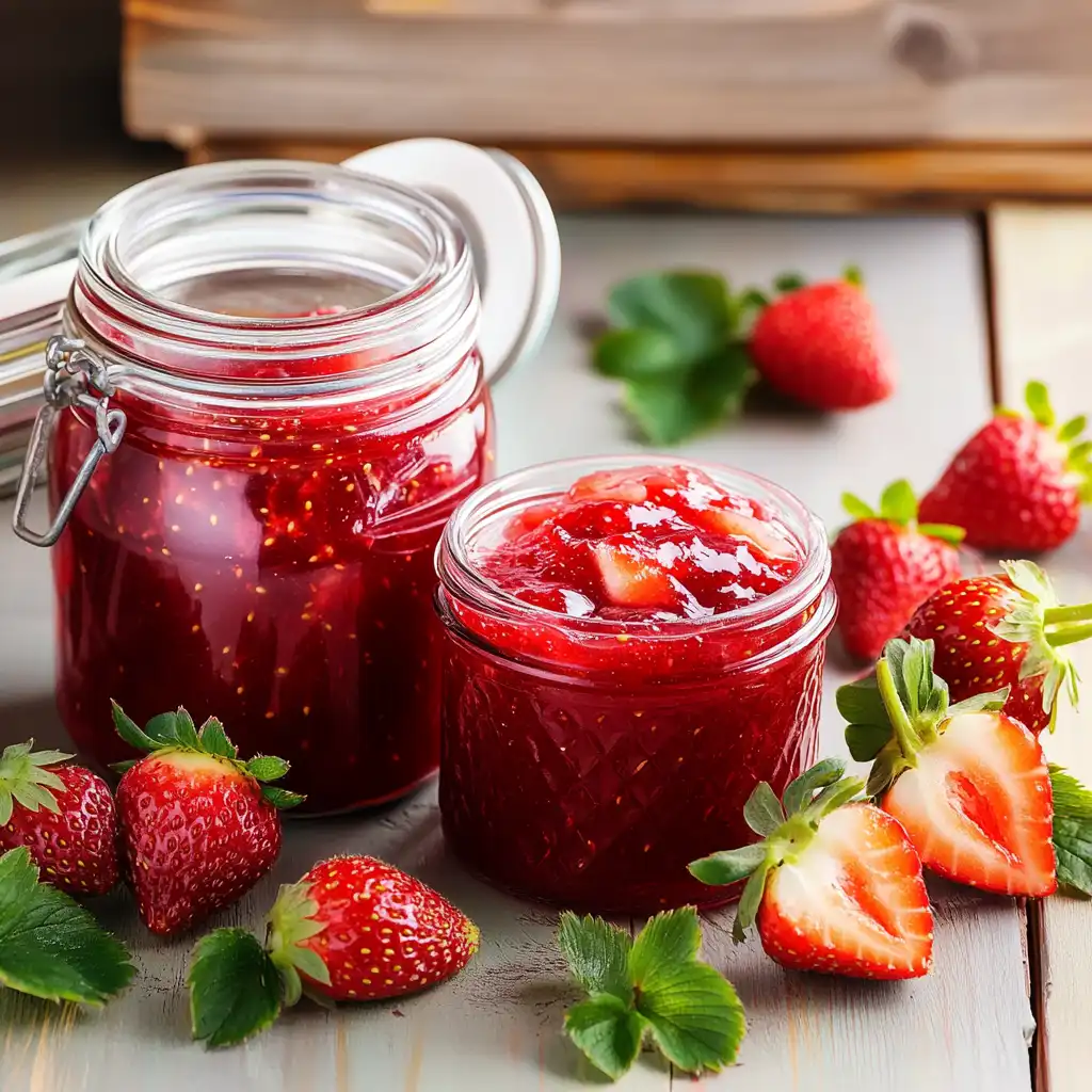 Sure Jell strawberry freezer jam recipe in jars with fresh berries