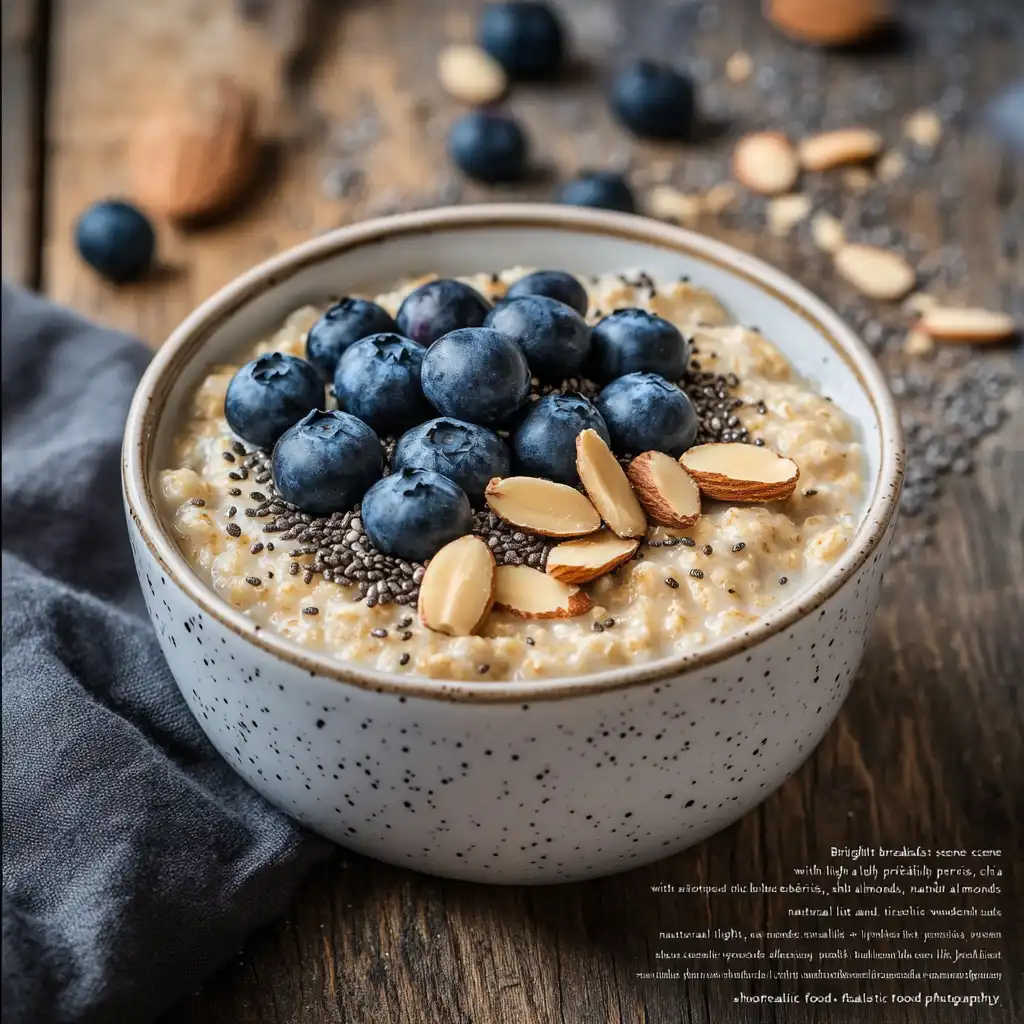 High protein oatmeal breakfast bowl with blueberries and chia.