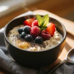 Bowl of high protein oatmeal served with blueberries.