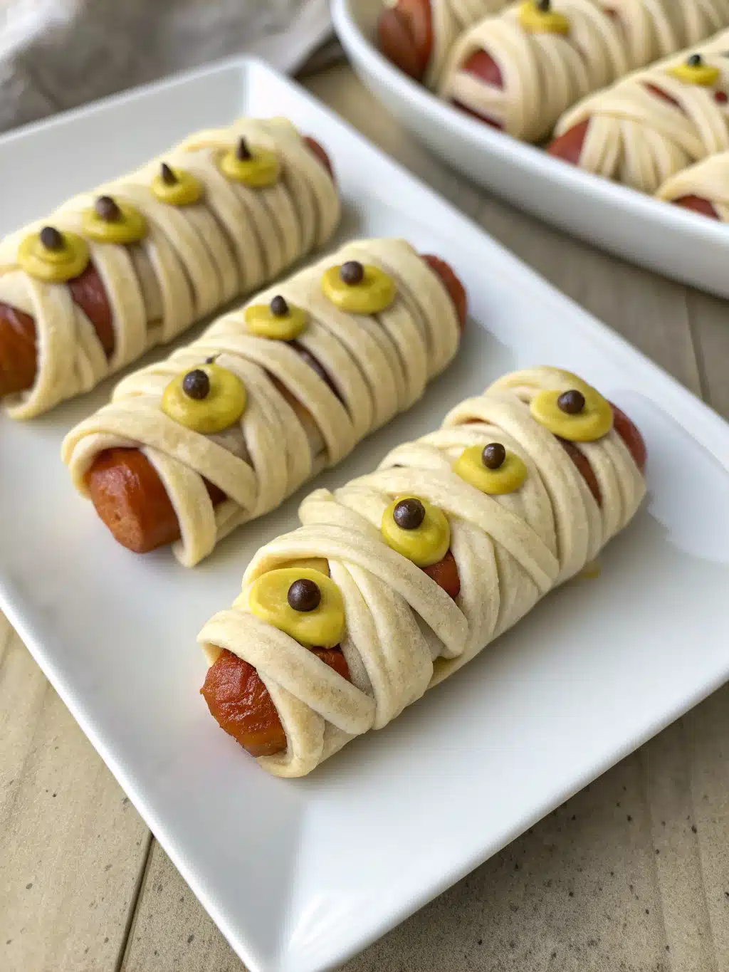Mummy Hot Dog Bites with Mustard Eyes