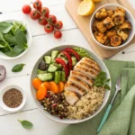High protein lunch spread with chicken and quinoa