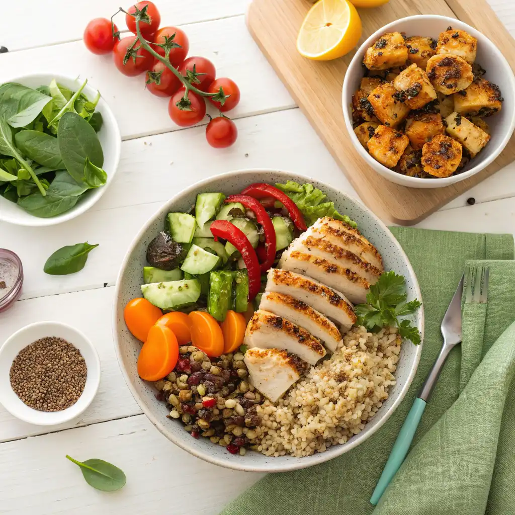 High protein lunch spread with chicken and quinoa