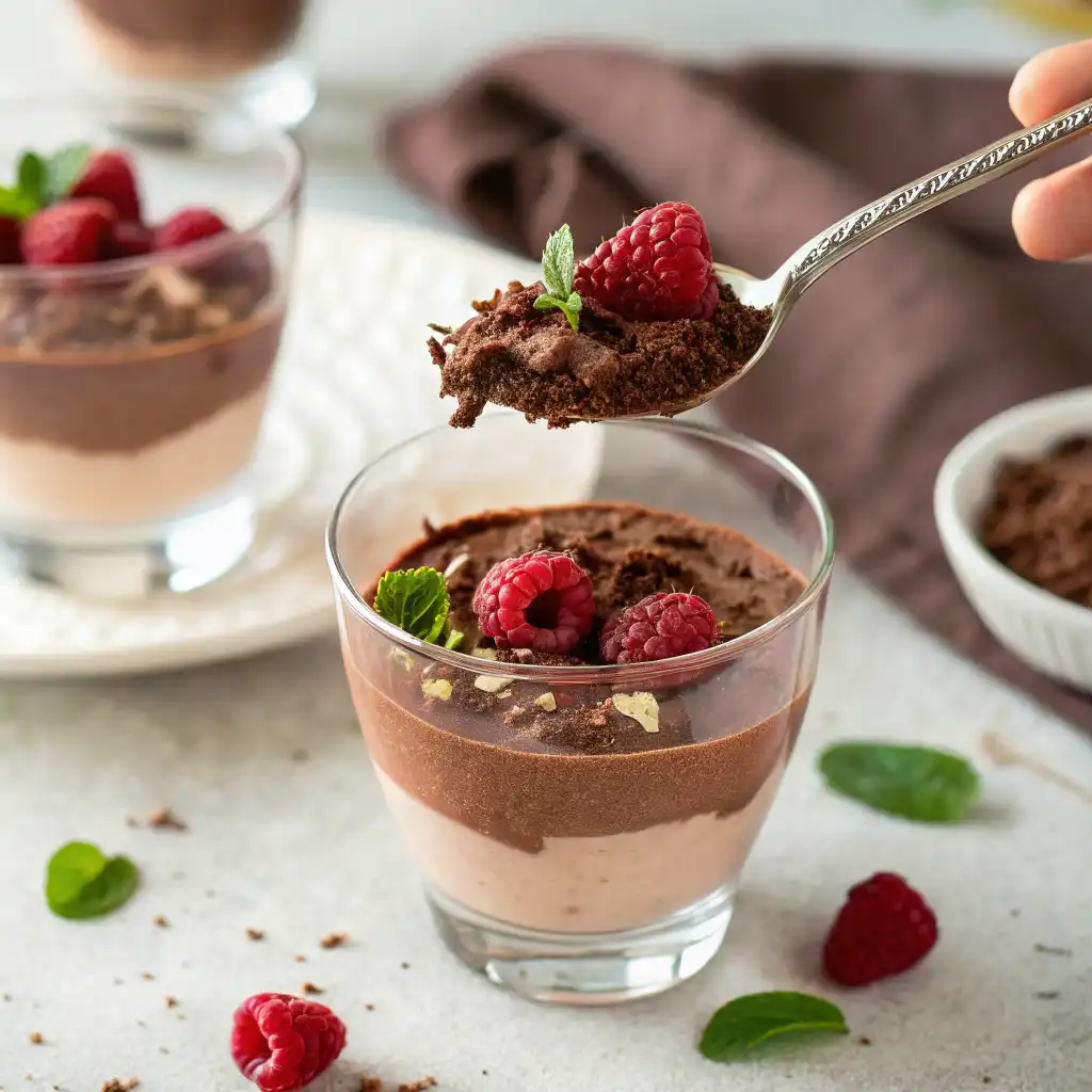 spoon with chocolate cottage cheese mousse