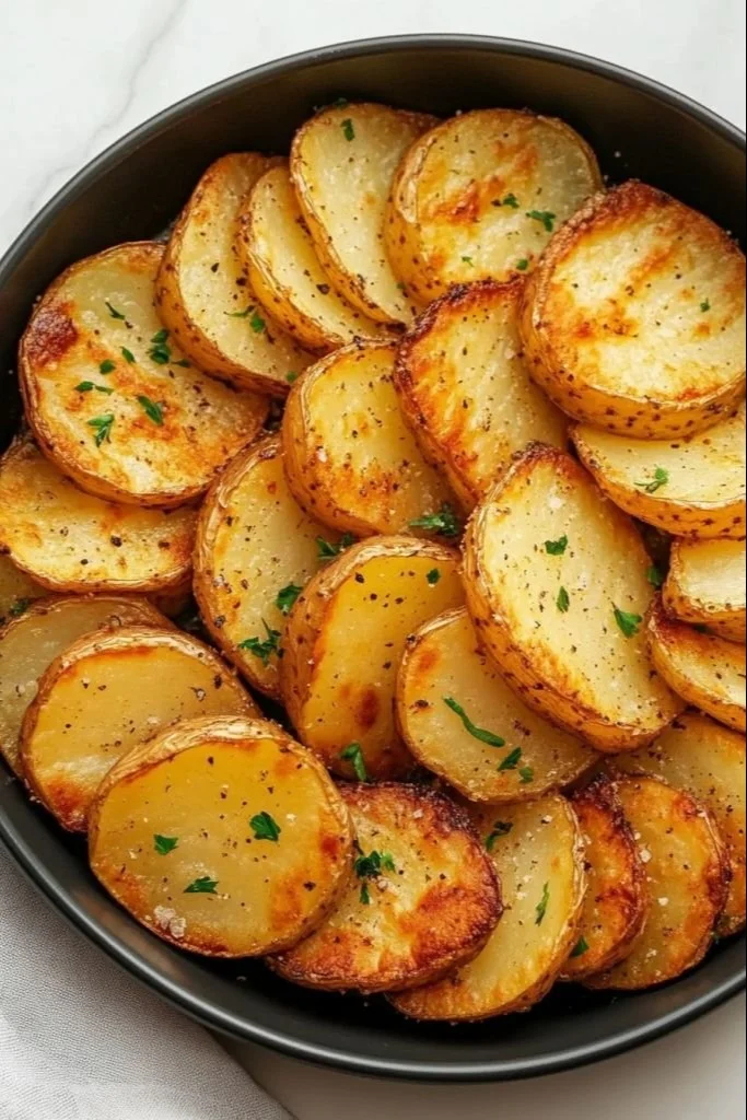 Crispy air fryer sliced potatoes served in a bowl