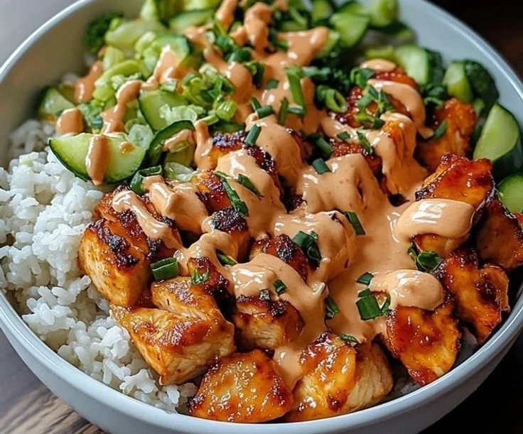 Bang Bang Chicken Bowl topped with spicy sauce and fresh vegetables