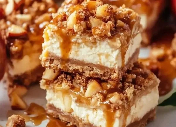 Caramel Apple Cheesecake Bars topped with caramel drizzle and apple slices