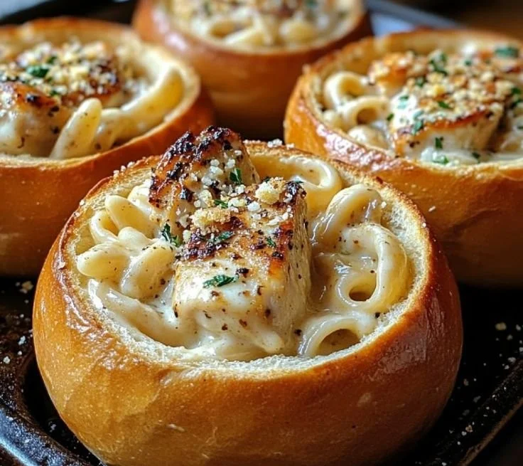 Delicious Chicken Alfredo served in garlic bread bowls
