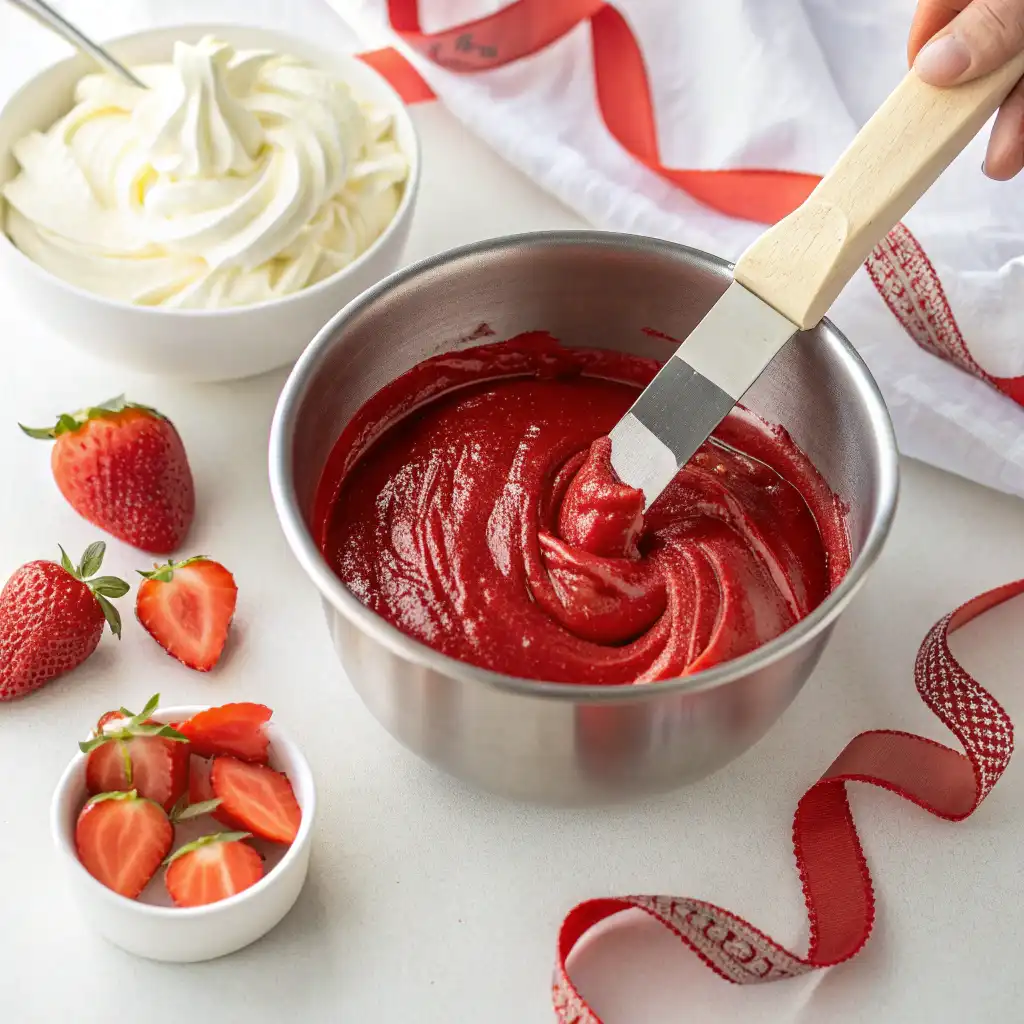 syrupy gelatin folding with Cool Whip in a metal bowl