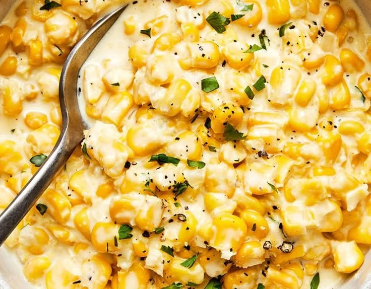 Delicious serving of homemade creamed corn in a bowl