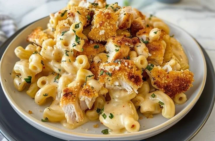 Creamy chicken mac and cheese dish with pasta and cheese sauce