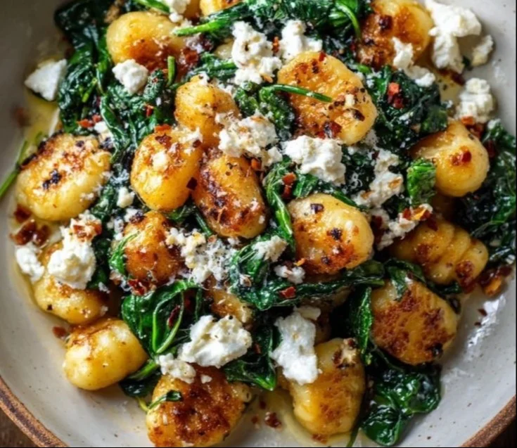Creamy gnocchi dish with spinach and feta cheese for a rich flavor