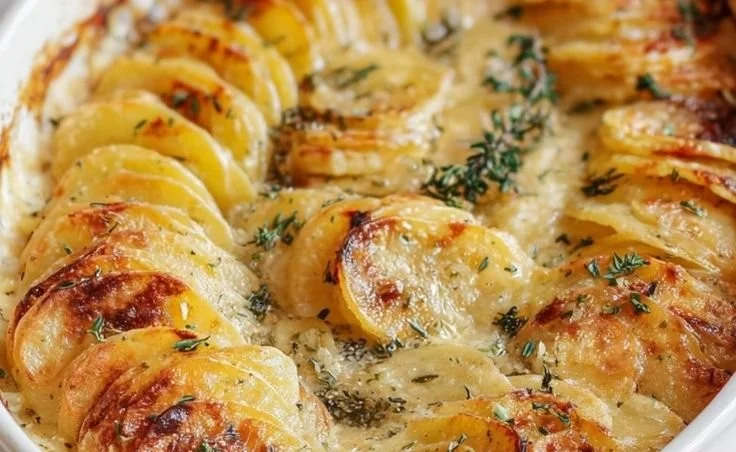 Delicious creamy scalloped potatoes baked to perfection