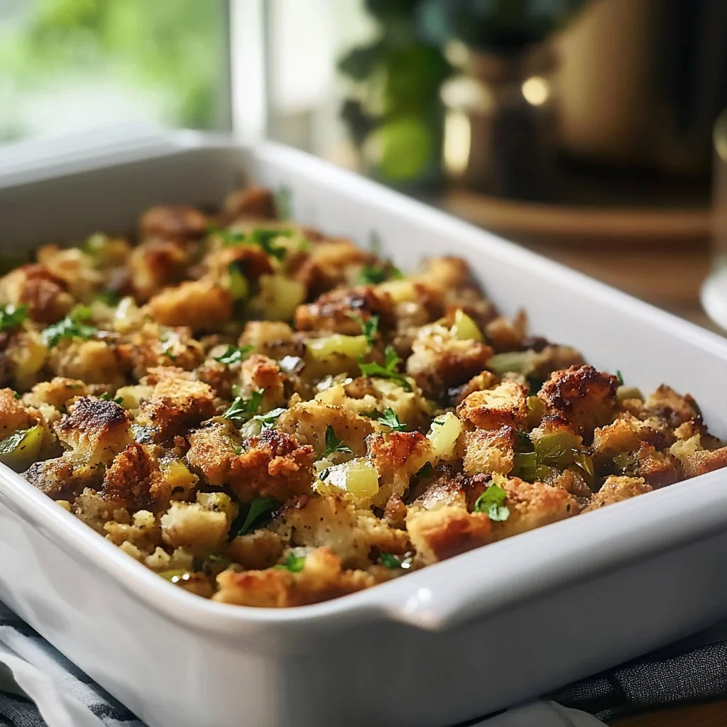 Bowl of delicious Grandma’s Thanksgiving stuffing topped with herbs