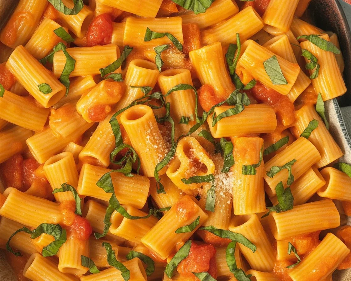 Delicious high protein pasta dinner with creamy sauce and sun-dried tomatoes.