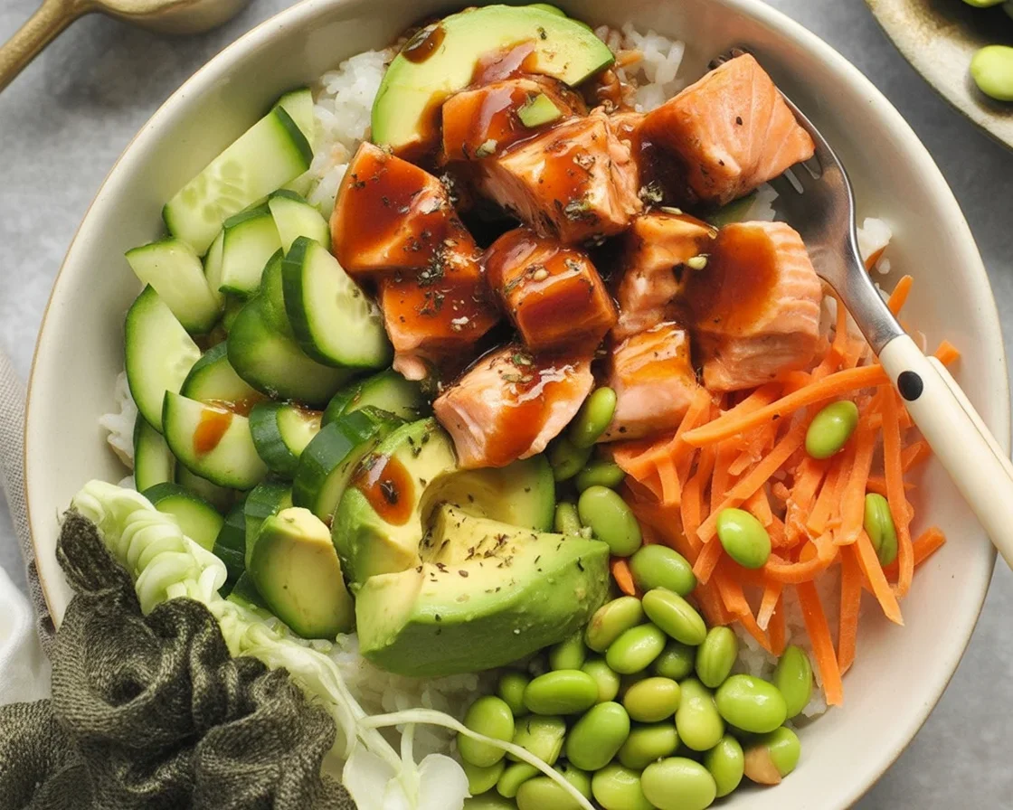 Healthy high protein salmon meal prep bowl with fresh vegetables and teriyaki sauce