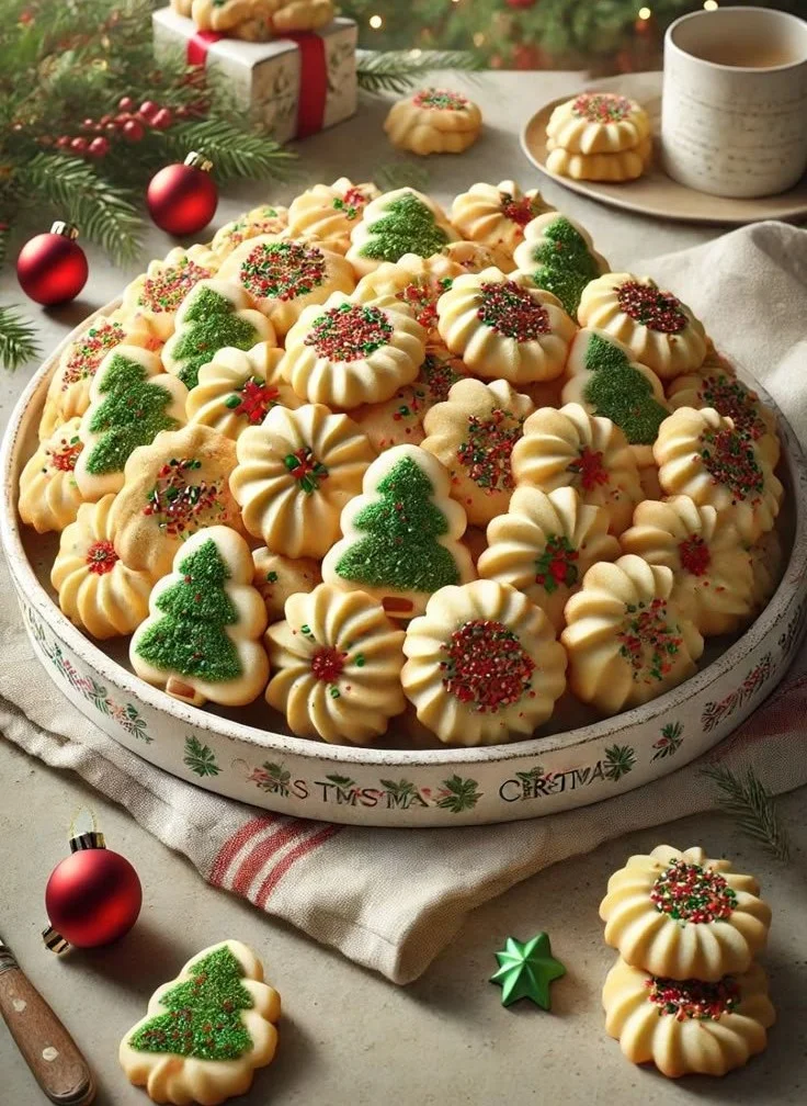 Delicious easy Christmas Spritz Cookies on a festive plate.