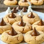 Easy peanut butter blossoms cookies topped with chocolate kisses on a plate.