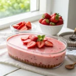 fluffy jello dessert with Cool Whip topped with fresh strawberries